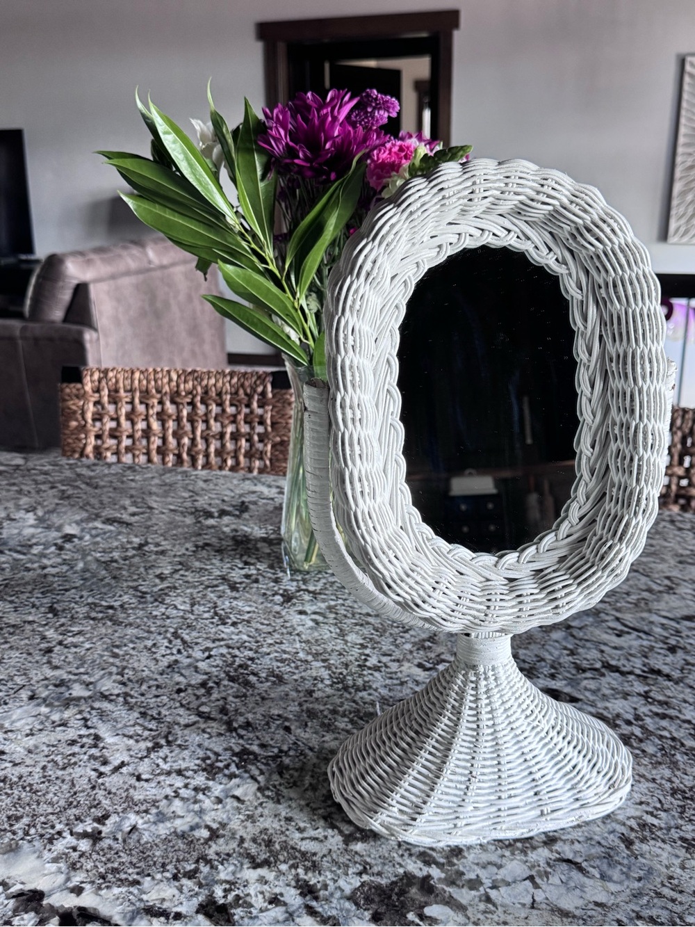 Vintage White Wicker Vanity Mirror Pedestal Tabletop Oval Boho Cottage Decor